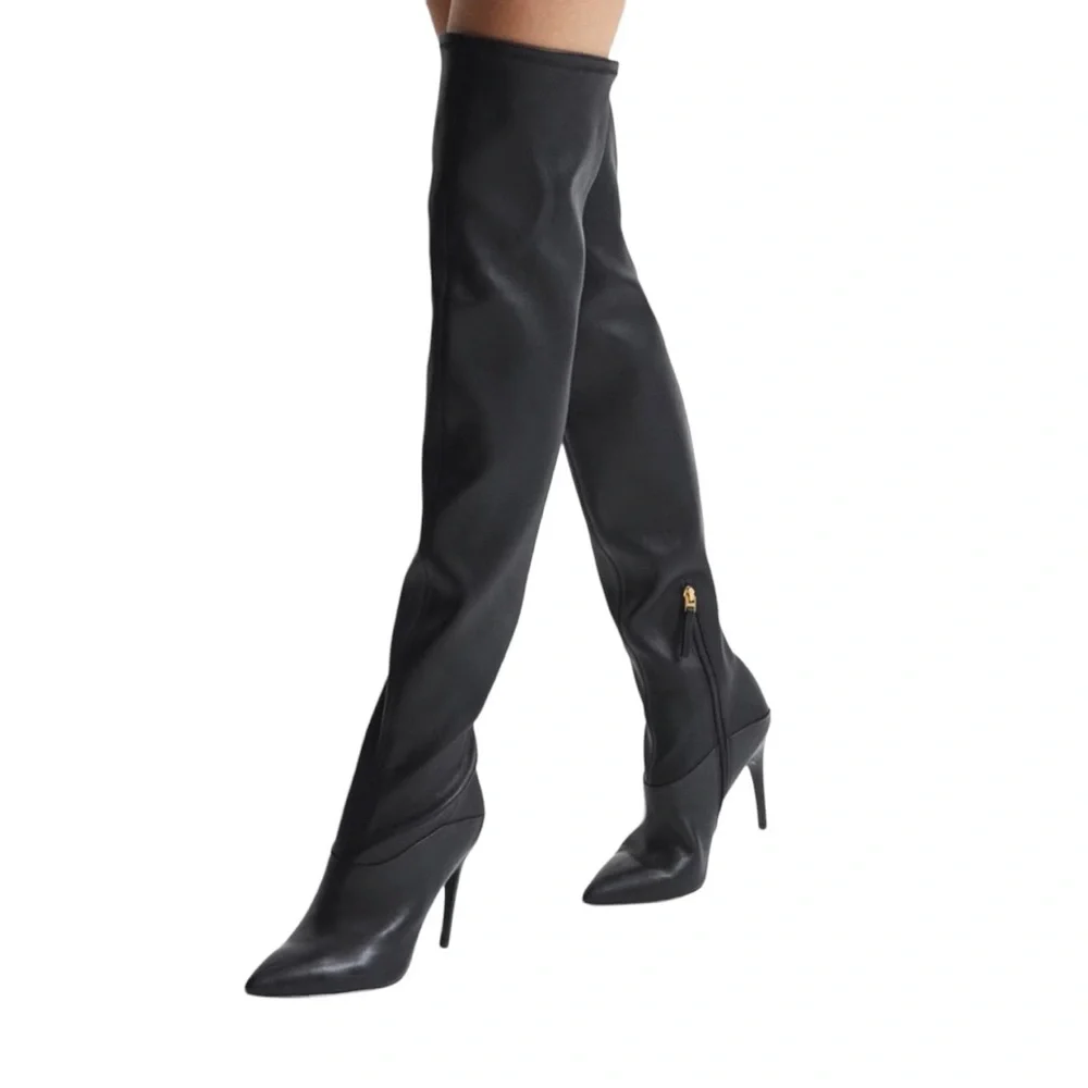 REISS Caia Over The Knee Leather Boots Black Pointed Toe Heel Women’s 8 Mob Wife